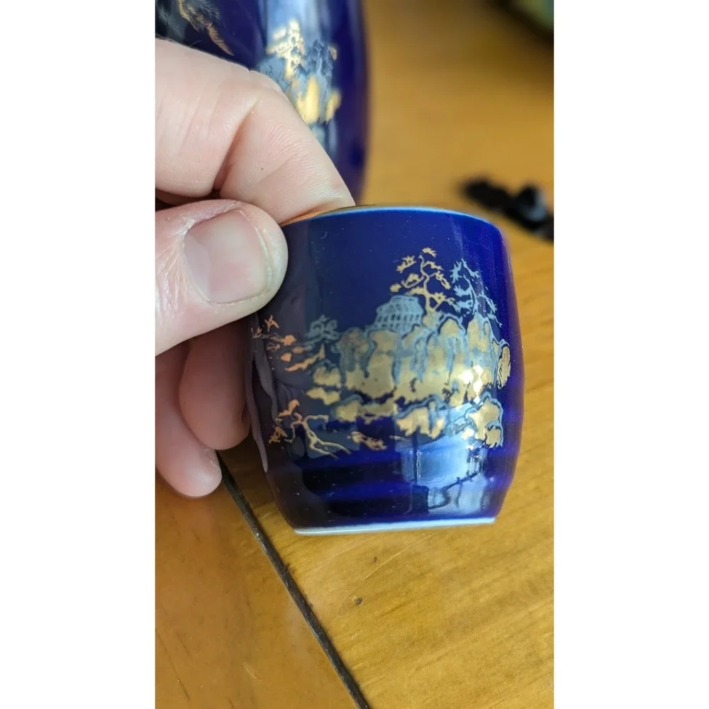 Vintage‎ Japanese Sake Set Cobalt Blue Gold Landscape Porcelain Carafe 2 Cups
